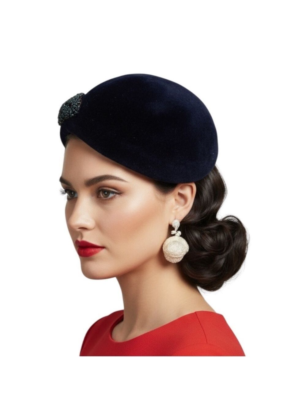 Vintage 1950s Merrimac Navy Blue Velour Pillbox Tilt Hat Beaded